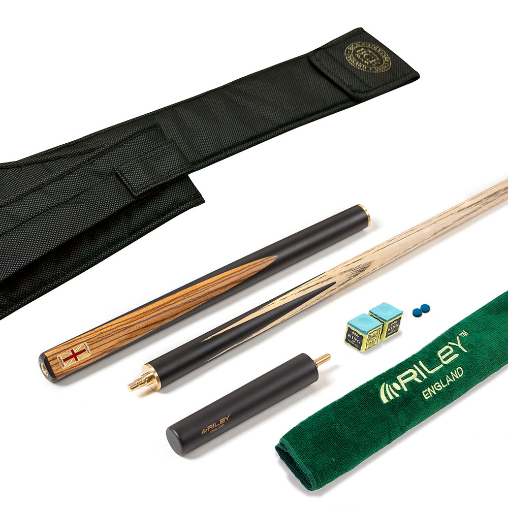 Riley England 3 Piece Snooker Cue and Hard Case 3/4 Cut- Layered Ebonised Blackwood Butt with 9.5mm Tip - 145cm - Black/ Dark Wood