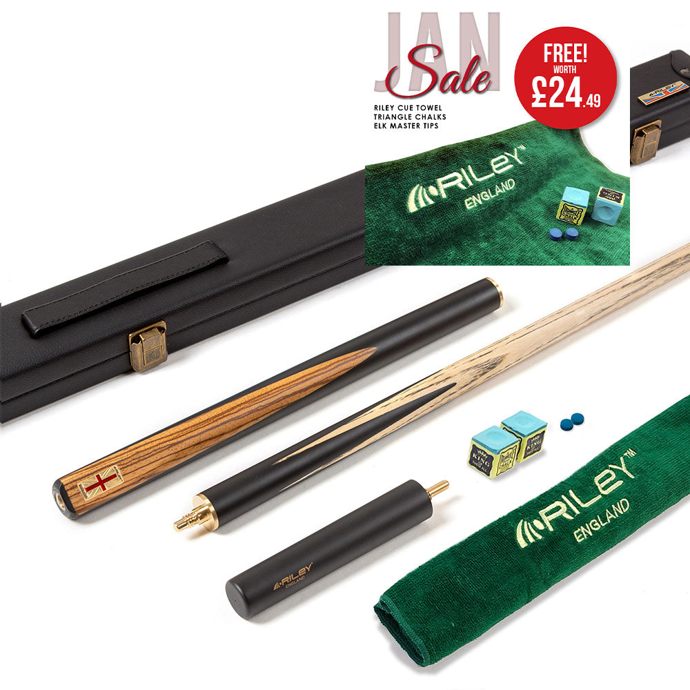 Riley England 3 Piece Snooker Cue - 3/4 Cut Cue - Layered Ebonised Blackwood Butt - 9.5mm Tip - 145cm - Black/ Dark Wood