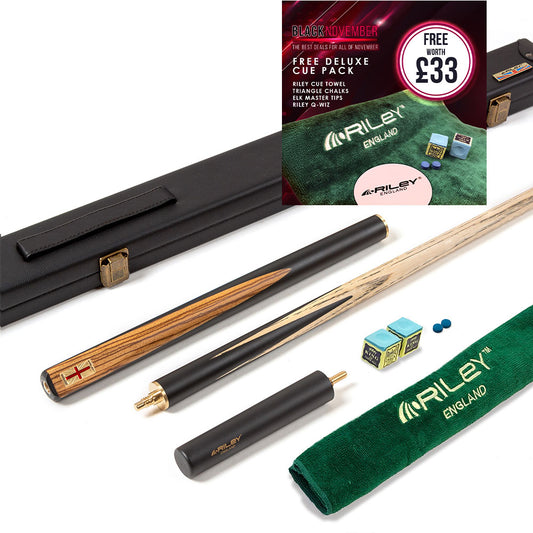 Riley England 3 Piece Snooker Cue - 3/4 Cut Cue - Layered Ebonised Blackwood Butt - 9.5mm Tip - 145cm - Black/ Dark Wood