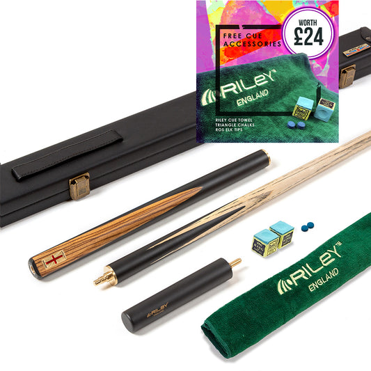 Riley England 3 Piece Snooker Cue and Hard Case 3/4 Cut- Layered Ebonised Blackwood Butt with 9.5mm Tip - 145cm - Black/ Dark Wood