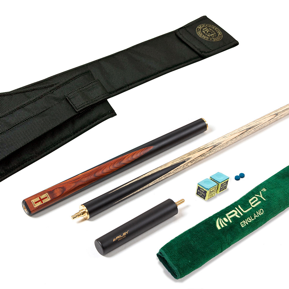Riley England 3 Piece Snooker Cue and Hard Case 3/4 Cut- Layered Ebonised Black Wood Butt with 9.5mm Tip - 145cm - Black/Brown Wood