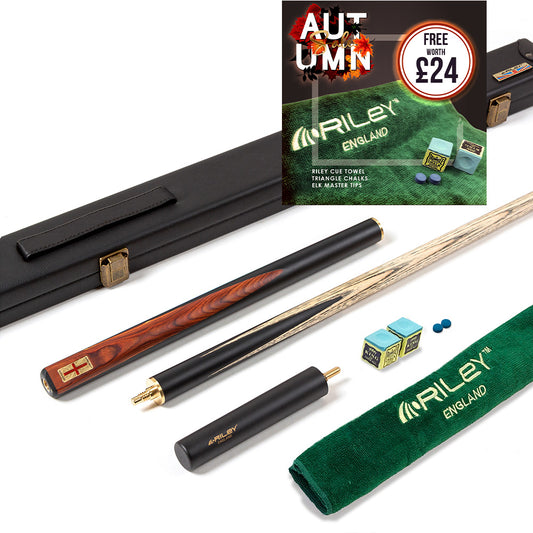 Riley England 3 Piece Snooker Cue - 3/4 Cut- Layered Ebonised Black Wood Butt - 9.5mm Tip - 145cm - Black/Brown Wood