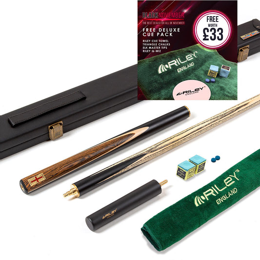 Riley England 3 Piece Snooker Cue - 3/4 Cut Cue - Layered Ebonised Black Wood Butt - 9.5mm Tip - 145cm - Black/ Dark Wood
