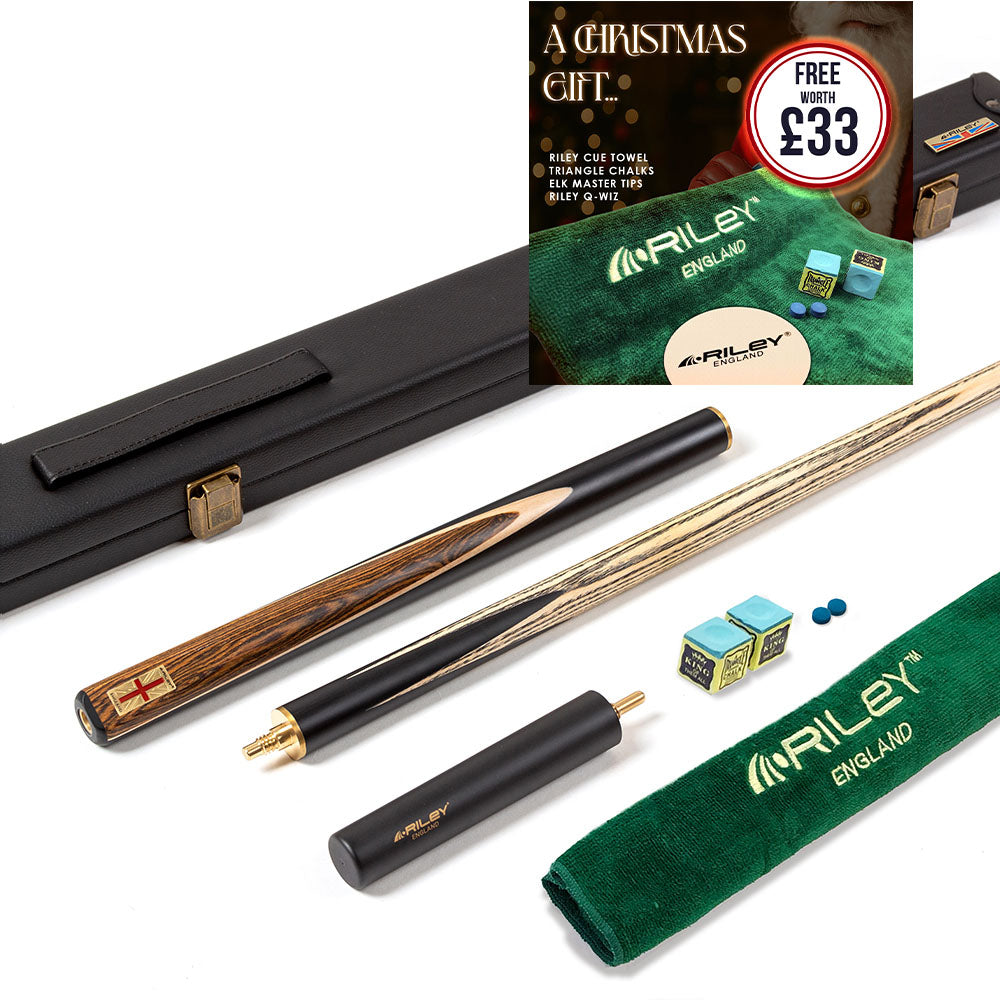 Riley England 3 Piece Snooker Cue - 3/4 Cut Cue - Layered Ebonised Black Wood Butt - 9.5mm Tip - 145cm - Black/ Dark Wood