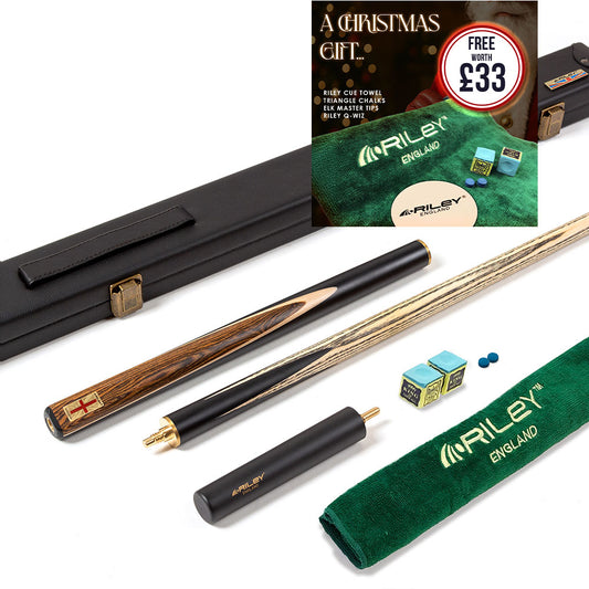 Riley England 3 Piece Snooker Cue - 3/4 Cut Cue - Layered Ebonised Black Wood Butt - 9.5mm Tip - 145cm - Black/ Dark Wood