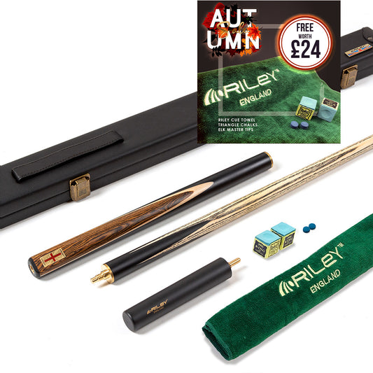 Riley England 3 Piece Snooker Cue - 3/4 Cut Cue - Layered Ebonised Black Wood Butt - 9.5mm Tip - 145cm - Black/ Dark Wood