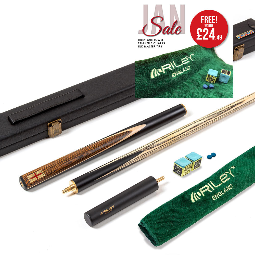 Riley England 3 Piece Snooker Cue - 3/4 Cut Cue - Layered Ebonised Black Wood Butt - 9.5mm Tip - 145cm - Black/ Dark Wood