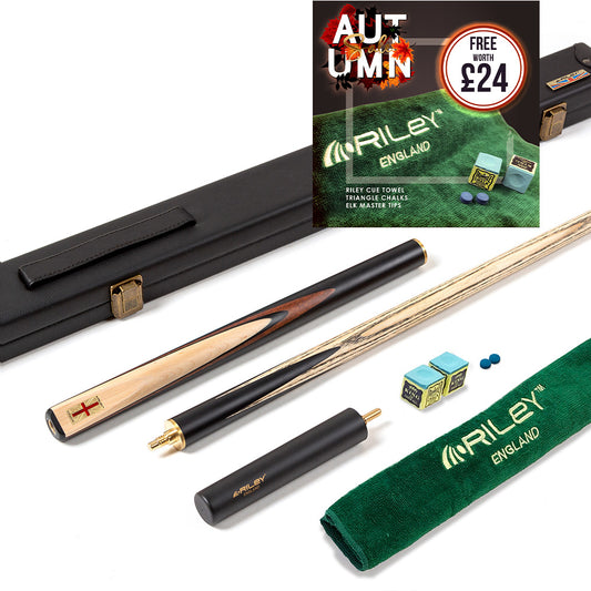 Riley England 3 Piece Snooker Cue - 3/4 Cut Cue - Layered Ebonised Black Wood Butt - 9.5mm Tip - 145cm - Black/ Maple Wood