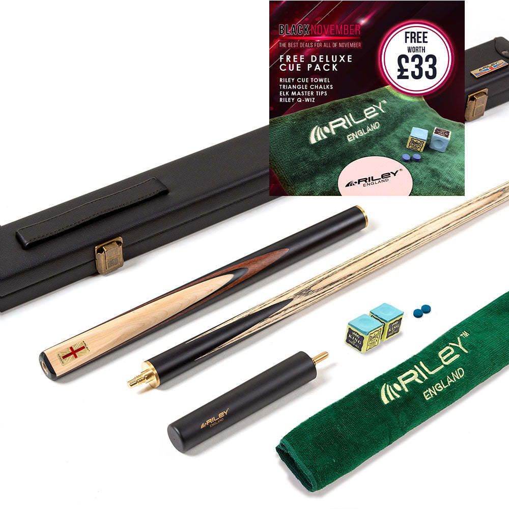 Riley England 3 Piece Snooker Cue - 3/4 Cut Cue - Layered Ebonised Black Wood Butt - 9.5mm Tip - 145cm - Black/ Maple Wood