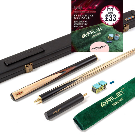 Riley England 3 Piece Snooker Cue - 3/4 Cut Cue - Layered Ebonised Black Wood Butt - 9.5mm Tip - 145cm - Black/ Maple Wood
