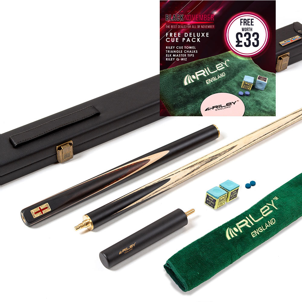 Riley England 3 Piece English Pool Cue - 3/4 Cut Cue - 9mm Tip - 145cm - Black/ Snake Wood/ Ash