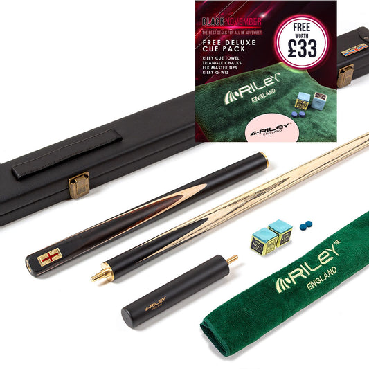 Riley England 3 Piece English Pool Cue - 3/4 Cut Cue - 9mm Tip - 145cm - Black/ Snake Wood/ Ash
