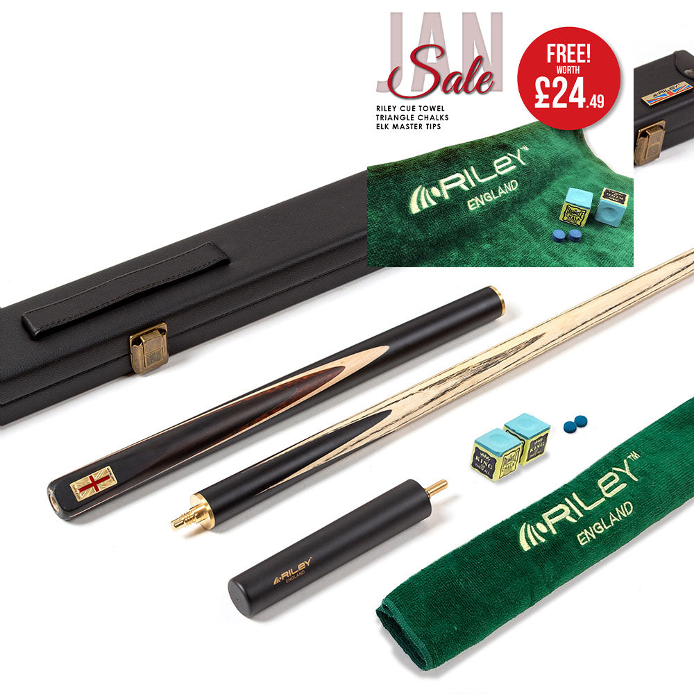 Riley England 3 Piece Snooker Cue - 3/4 Cut Cue - Layered Ebonised Black Wood Butt - 9.5mm Tip - 145cm - Black/ Dark Wood/ Maple