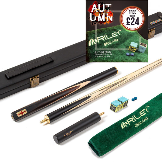 Riley England 3 Piece English Pool Cue - 3/4 Cut Cue - 9mm Tip - 145cm - Black/ Snake Wood/ Ash