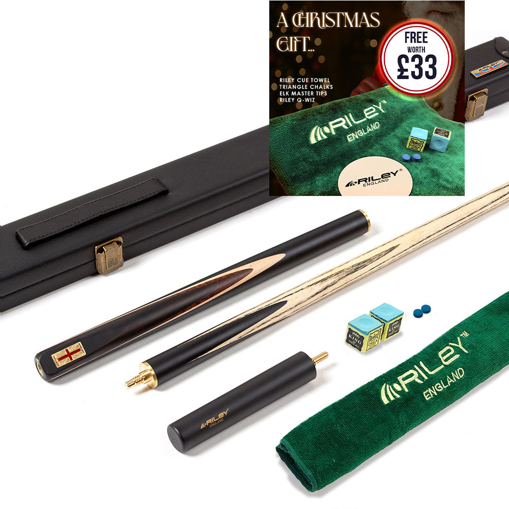 Riley England 3 Piece Snooker Cue - 3/4 Cut Cue - Layered Ebonised Black Wood Butt - 9.5mm Tip - 145cm - Black/ Dark Wood/ Maple