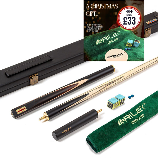 Riley England 3 Piece Snooker Cue - 3/4 Cut Cue - Layered Ebonised Black Wood Butt - 9.5mm Tip - 145cm - Black/ Dark Wood/ Maple