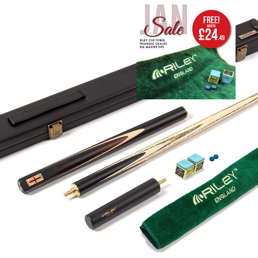 Riley England 3 Piece English Pool Cue - 3/4 Cut Cue - 9mm Tip - 145cm - Black/ Snake Wood/ Ash