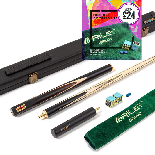 Riley England 3 Piece Snooker Cue and Hard Case 3/4 Cut- Layered Ebonised Black Wood Butt with 9.5mm Tip - 145cm - Black/ Dark Wood/ Maple
