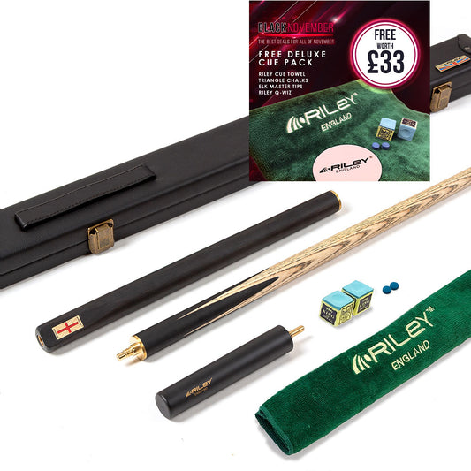 Riley England 3 Piece Snooker Cue - 3/4 Cut Cue - Layered Ebonised Black Wood Butt - 9.5mm Tip - 145cm - Black
