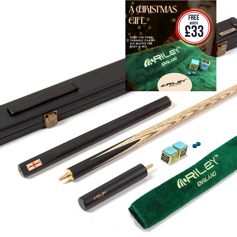 Riley England 3 Piece Snooker Cue - 3/4 Cut Cue - Layered Ebonised Black Wood Butt - 9.5mm Tip - 145cm - Black