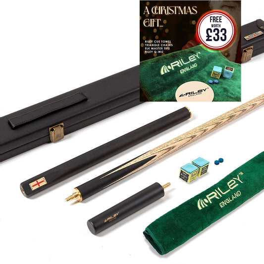 Riley England 3 Piece English Pool Cue - 3/4 Cut Cue - 9mm Tip - 145cm - Black/Ash