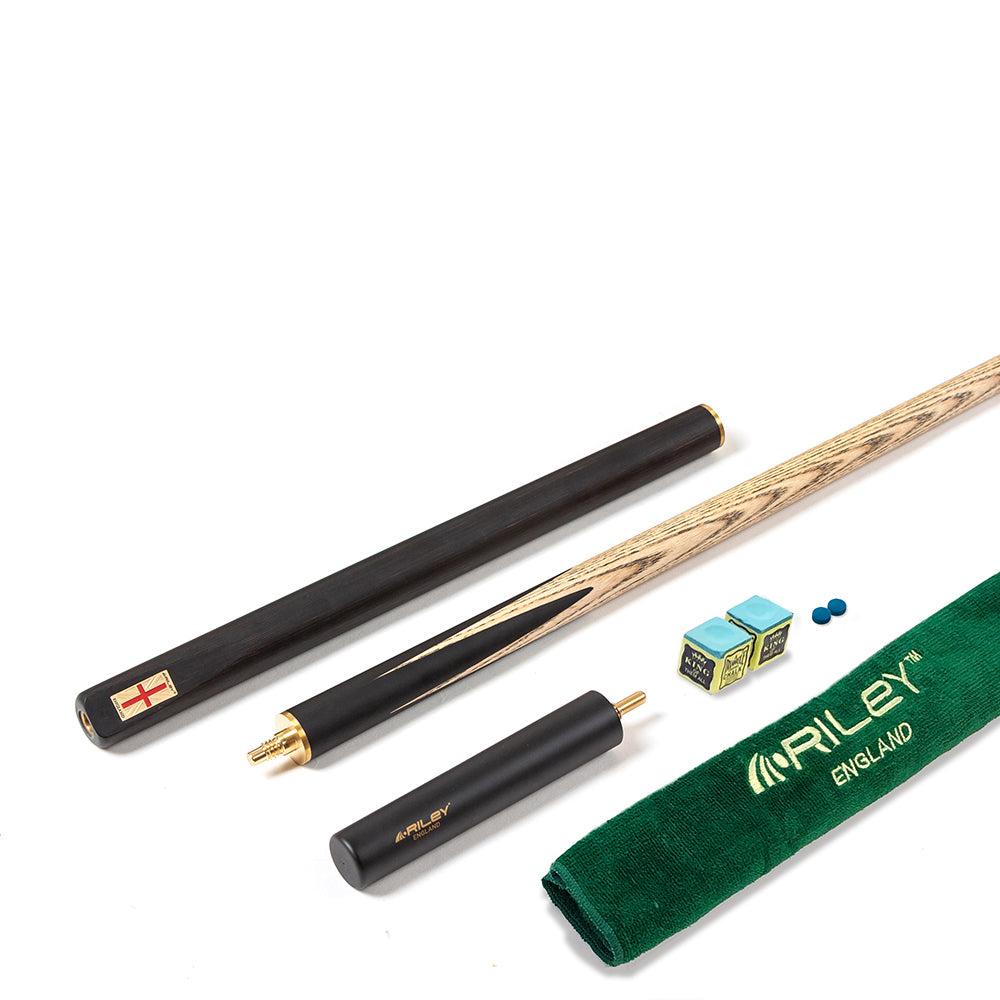 Riley England 3 Piece English Pool Cue 3/4 Cut - 9mm Tip - 145cm - Black/Ash - with Deluxe Hard Case