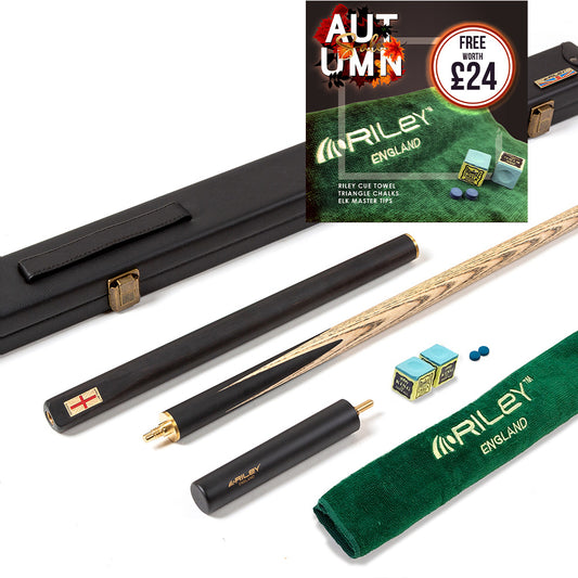 Riley England 3 Piece English Pool Cue - 3/4 Cut Cue - 9mm Tip - 145cm - Black/Ash