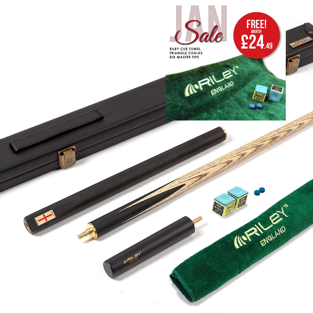 Riley England 3 Piece English Pool Cue - 3/4 Cut Cue - 9mm Tip - 145cm - Black/Ash