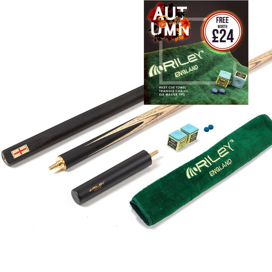 Riley England 3 Piece Snooker Cue - 3/4 Cut Cue - Layered Ebonised Black Wood Butt - 9.5mm Tip - 145cm - Black