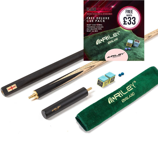 Riley England 3 Piece Snooker Cue - 3/4 Cut Cue - Layered Ebonised Black Wood Butt - 9.5mm Tip - 145cm - Black