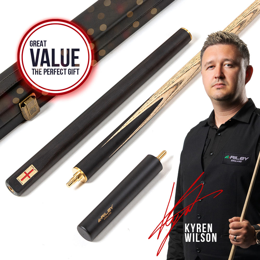 Riley England 3 Piece Snooker Cue - 3/4 Cut Cue - Layered Ebonised Black Wood Butt - 9.5mm Tip - 145cm - Black