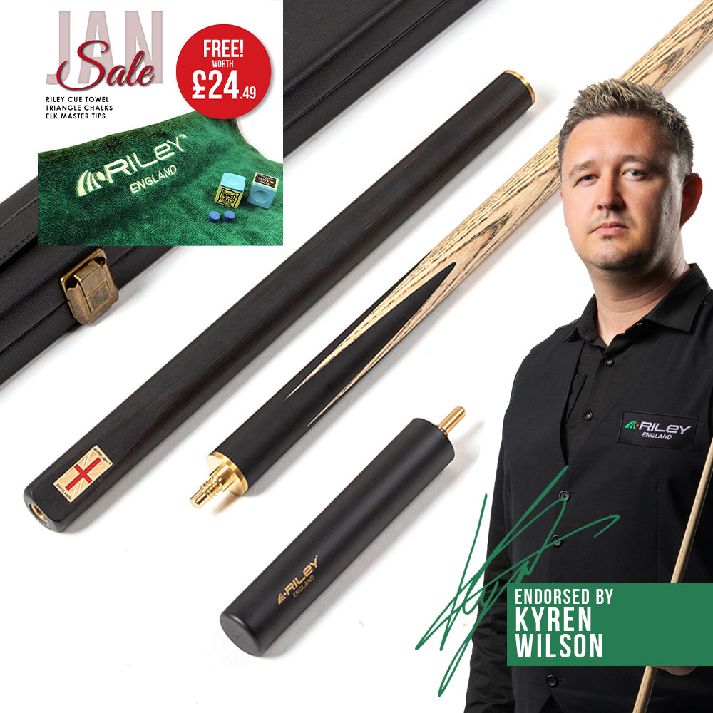 Riley England 3 Piece Snooker Cue - 3/4 Cut Cue - Layered Ebonised Black Wood Butt - 9.5mm Tip - 145cm - Black