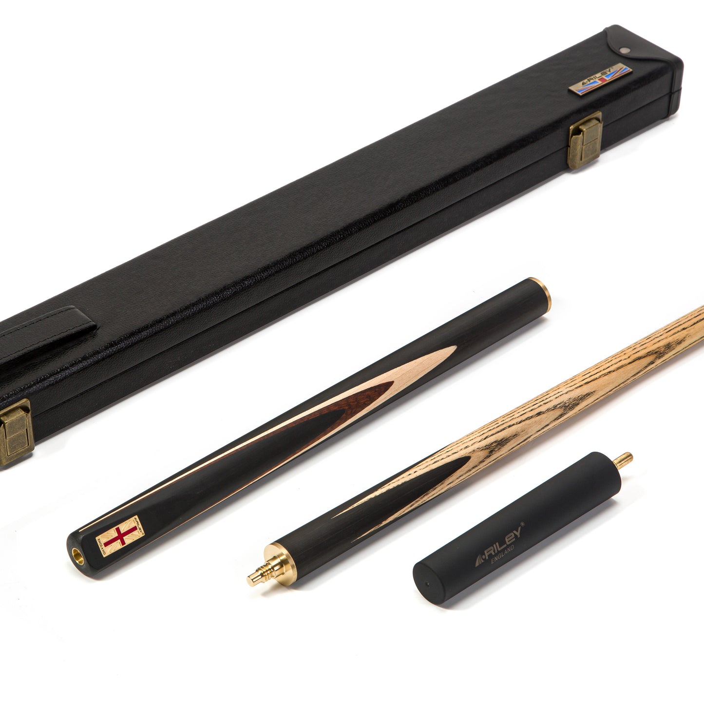 Riley England 3 Piece English Pool Cue 3/4 Cut - 9mm Tip - 145cm - Black/ Snake Wood/ Ash - with Deluxe Hard Case
