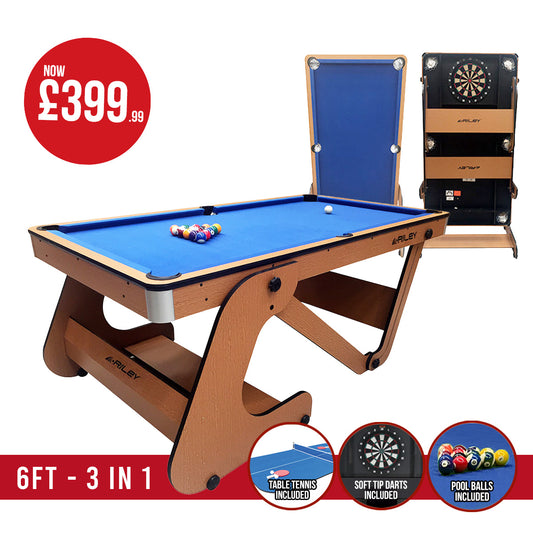 Riley 6ft Folding Pool Table with dartboard - Beech Finish with Blue Cloth - Folds Vertically - Free Table Tennis Top