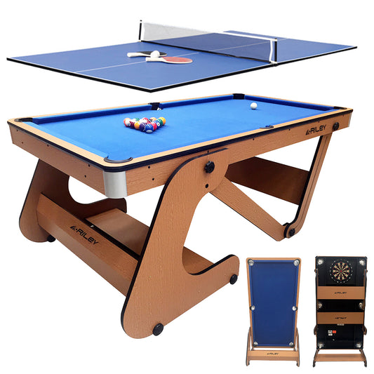 Riley 6ft Folding Pool Table with dartboard - Beech Finish with Blue Cloth - Folds Vertically - Free Table Tennis Top