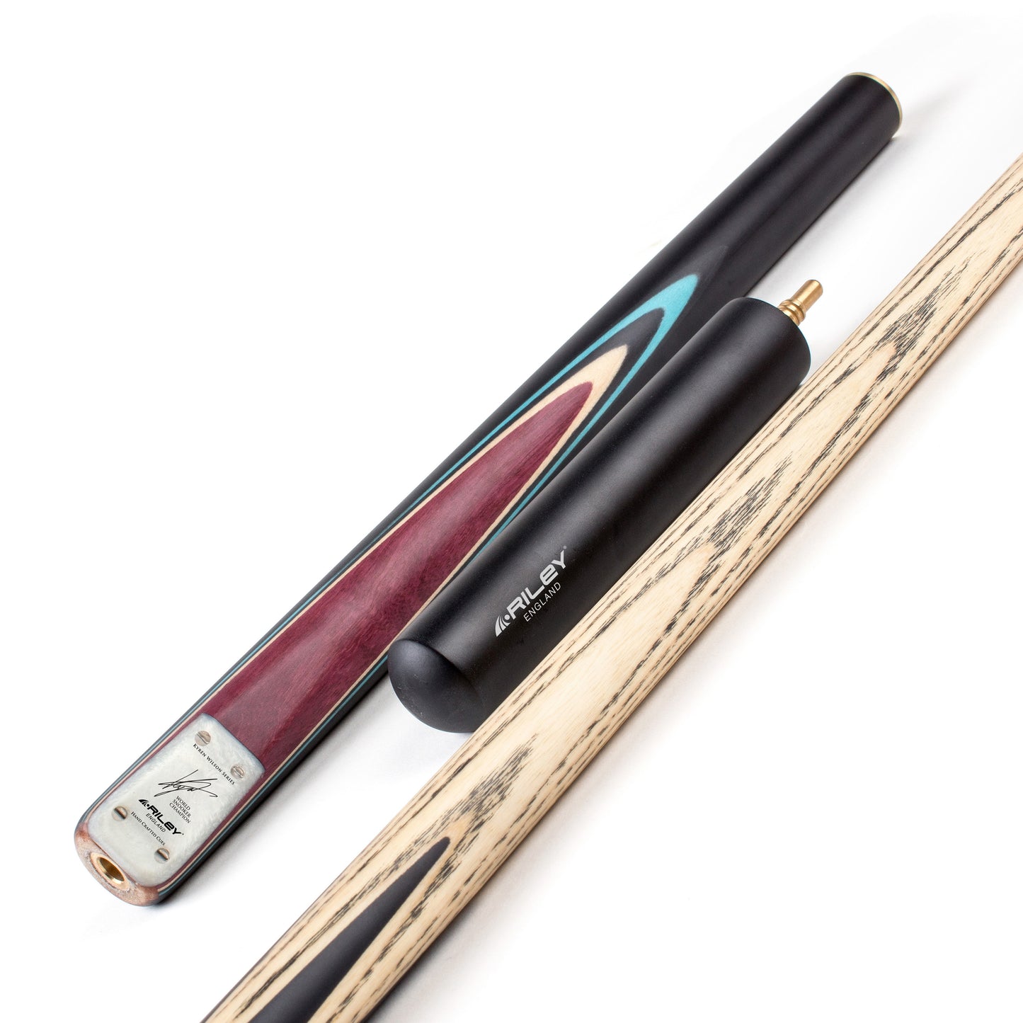 Riley England - Kyren Wilson - 3 Piece Snooker / Pool Cue & Case Set - Layered Ebonised Black Wood Butt  - 9.5mm Tip - 145cm - Black/Natural/ Blue