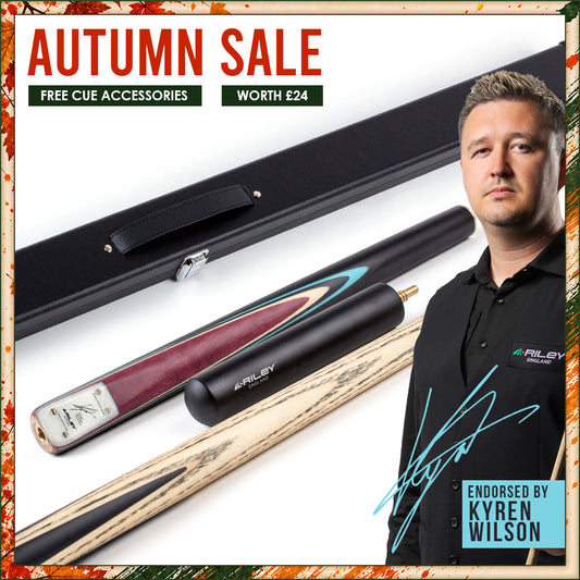 Riley England - Kyren Wilson - 3 Piece Snooker / Pool Cue & Case Set - Layered Ebonised Black Wood Butt  - 9.5mm Tip - 145cm - Black/Natural/ Blue