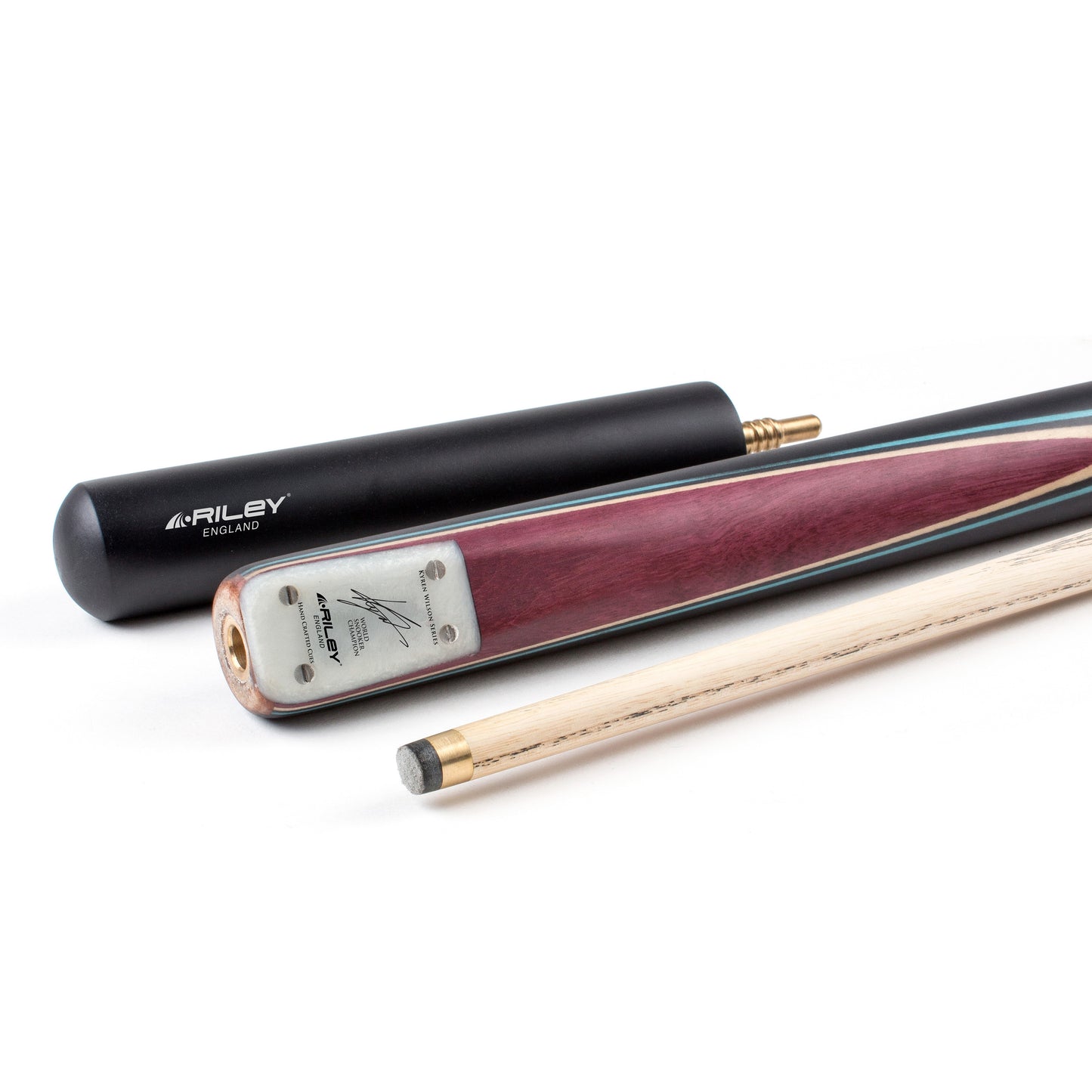 Riley England - Kyren Wilson - 3 Piece Snooker / Pool Cue & Case Set - Layered Ebonised Black Wood Butt  - 9.5mm Tip - 145cm - Black/Natural/ Blue