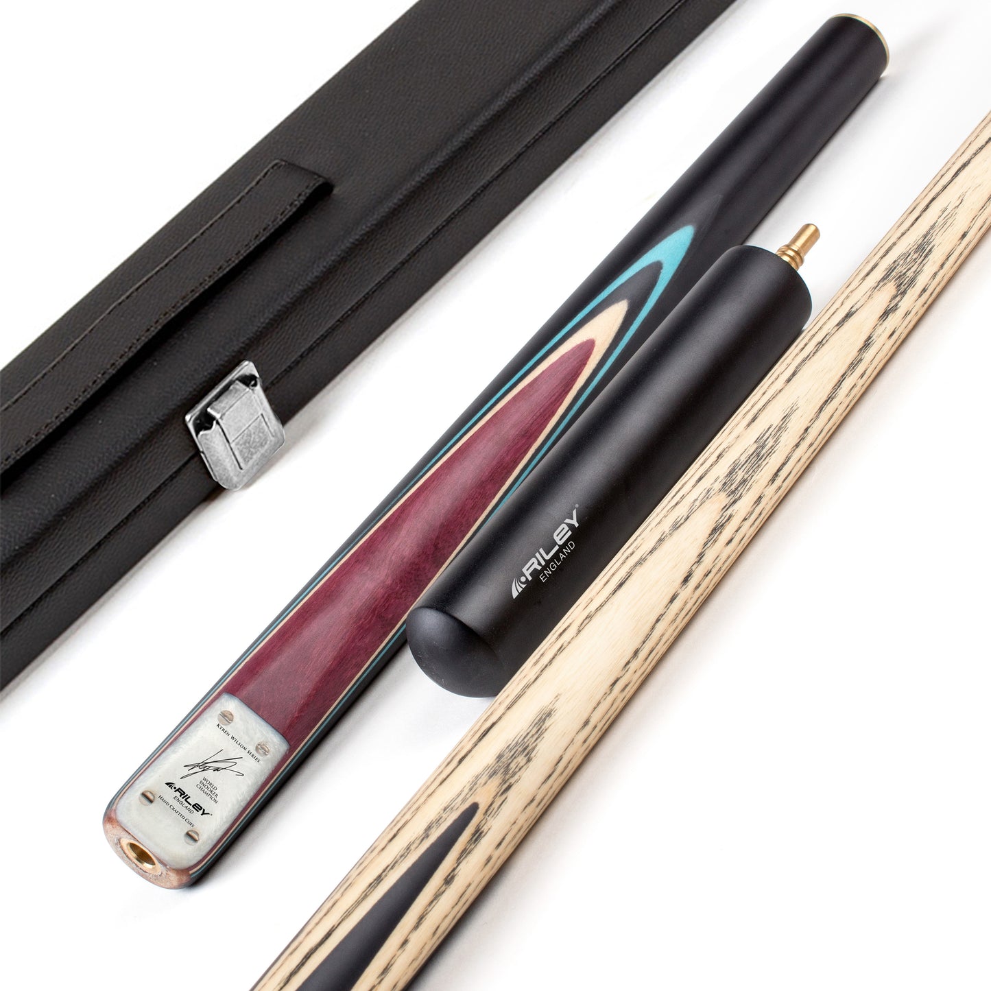 Riley England - Kyren Wilson - 3 Piece Snooker / Pool Cue & Case Set - Layered Ebonised Black Wood Butt  - 9.5mm Tip - 145cm - Black/Natural/ Blue
