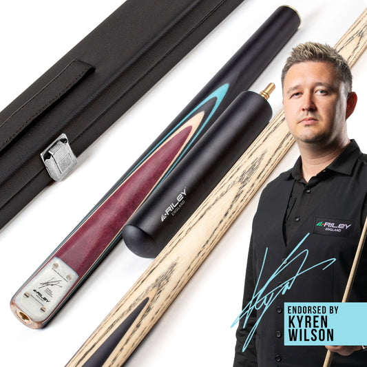Riley England - Kyren Wilson - 3 Piece Snooker / Pool Cue & Case Set - Layered Ebonised Black Wood Butt  - 9.5mm Tip - 145cm - Black/Natural/ Blue