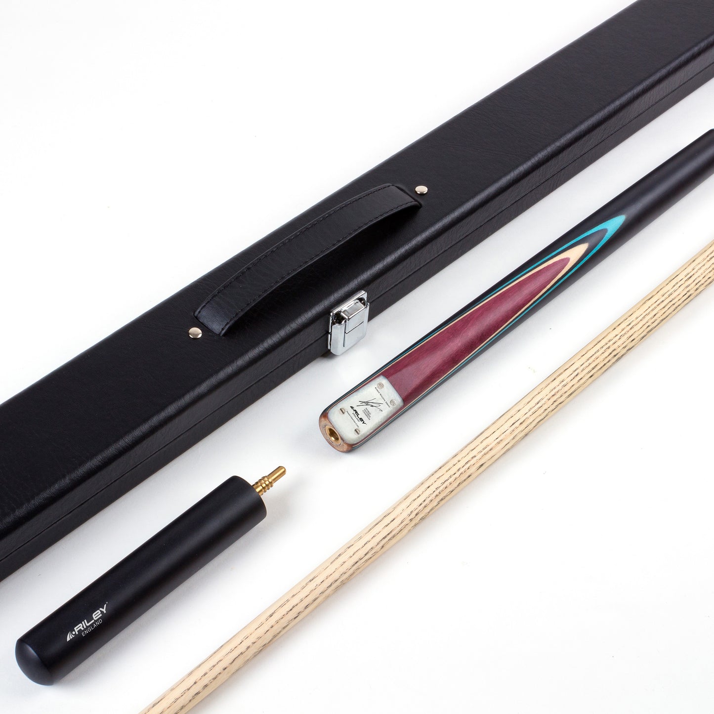 Riley England - Kyren Wilson - 3 Piece Snooker / Pool Cue & Case Set - Layered Ebonised Black Wood Butt  - 9.5mm Tip - 145cm - Black/Natural/ Blue