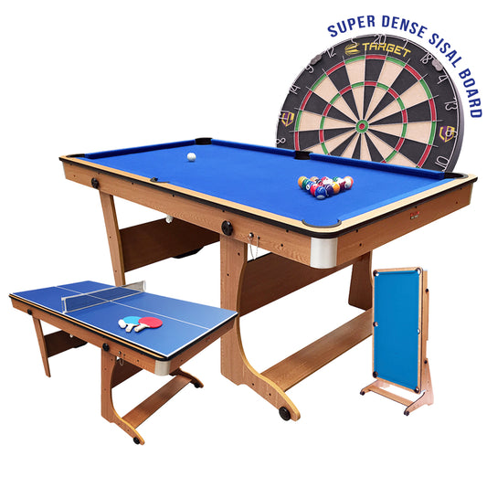 BCE 6ft Folding 3 in 1 Pool Table with Table Tennis Top and Dartboard - Blue Cloth/ Beech Finish - Folds Vertically
