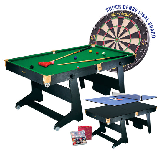 Riley 6ft 4 in 1 Folding Snooker Table - Snooker, Pool, Dartboard and Table Tennis Top - Black/Wood Effect with Green Cloth - Folds Vertically