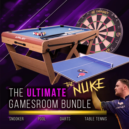 Riley 6ft Folding Snooker and Pool Table - Oak Finish with Blue Cloth - Luke Littler Dartboard Set - Table Tennis Top - Folds Flat