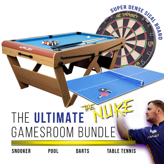 Riley 6ft Folding Snooker and Pool Table - Oak Finish with Blue Cloth - Luke Littler Dartboard Set - Table Tennis Top - Folds Flat