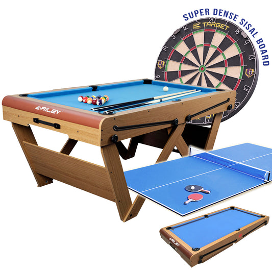 Riley 6ft Folding Snooker and Pool Table - Oak Finish with Blue Cloth - Luke Littler Dartboard Set - Table Tennis Top - Folds Flat