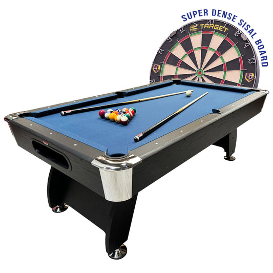 BCE 7ft Black Cat American Pool Table - Black/Wood Effect with Blue Cloth - Fixed Leg - Ball Return System