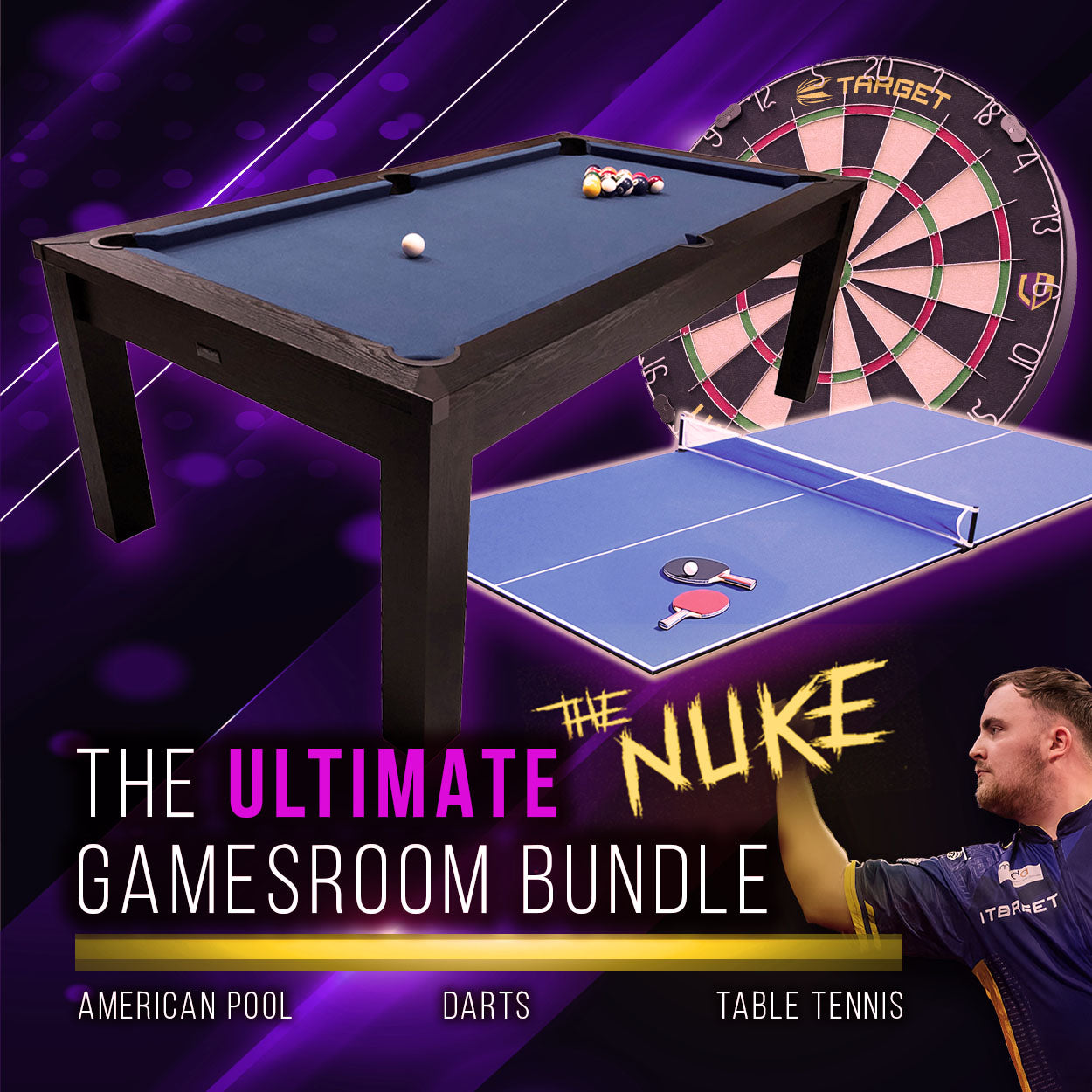 Riley 7ft Semi Pro American Pool Table - Black Ash with Blue Cloth - Metal Frame - Free Table Tennis/Dining Top