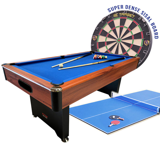 BCE 6ft 2 in 1 American Pool Table Luke Littler Darts Set and Table Tennis Top - Black/Wood Effect with Blue Cloth - Fixed Leg - Ball Return System
