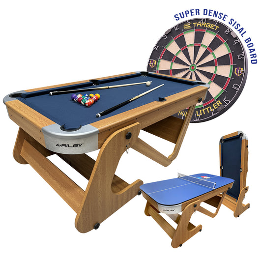 Riley 6ft 6In Supersize Folding Pool Table - Beech Finish with Blue Cloth - Folds Vertically - Free Table Tennis Top